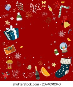Festive frame. Winter background with Christmas decorations and Merry Christmas lettering. Merry Christmas postcard. New Year's background.