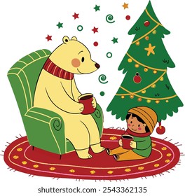  Festive Friends, Yuletide Cheer Abounds- Cheerful illustration featuring a bear and child enjoying the festive atmosphere of a decorated Christmas tree and twinkling stars.