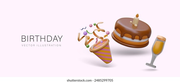 Festive fun birthday concept. Annual personal holiday. Vector horizontal poster in 3D style