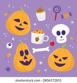 A festive and fun collection of Halloween themed illustrations. The set includes three unique jack o lanterns, a cheerful skull, a cup of warm autumn drink, a cupcake, candy, a lollipop, and other spooky elements like a bone and a spider. This vector artwork is designed with a bright and playful style on a purple background, perfect for holiday greetings, party invitations, stickers, and seasonal decorations.