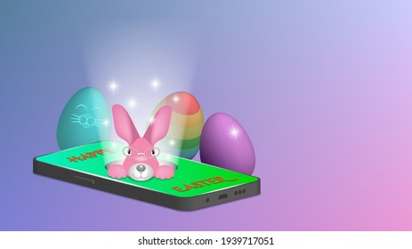 Festive funny cute Happy Easter poster. 3D smartphone. An eared pink smiling rabbit peeps out of the screen. Colored eggs and radiant sparks