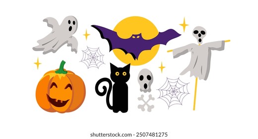 Festive funny halloween icons. Bat, ghost, skeleton, bones, pumpkin and black cat, Spider web, stars and moon.