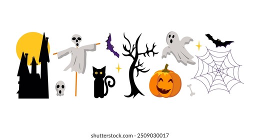 Festive funny halloween icons. Bats, ghost, skeleton, bones, dracula's house, pumpkin and black cat stars and moon. 