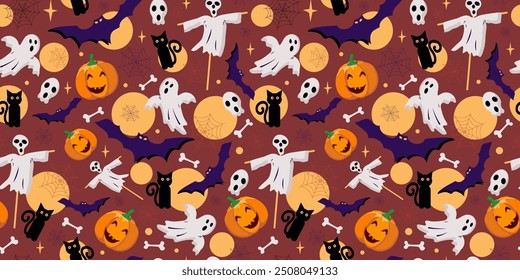 Festive funny halloween icons. Pattern seamless. Bat, ghost, skeleton, bones, pumpkin. black cat, web, stars and moon. Continuous texture, festive background for packaging, textile.