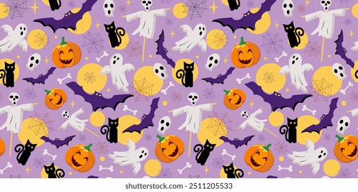 Festive funny halloween icons. Pattern seamless. Bat, ghost, skeleton, bones, pumpkin. black cat, web, stars and moon. Continuous texture, festive background for packaging, textile.