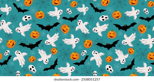 Festive funny halloween icons. Seamless pattern. Bat, spider web, ghost, skull, bones, pumpkin. Wallpaper, packaging deco, textile.