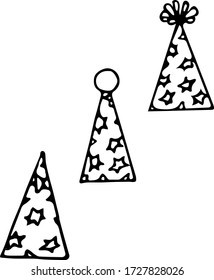 festive funny party hats with stars hand drawn scandinavian style. Set of elements.