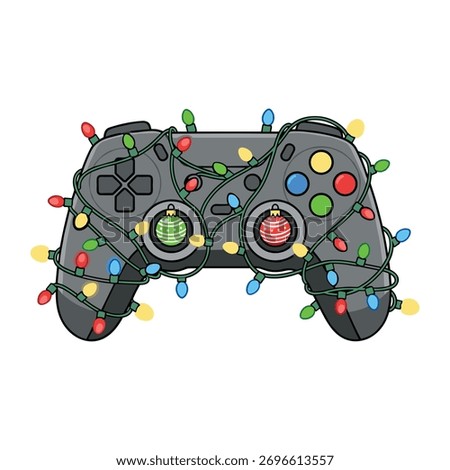 Festive gaming controller decorated with christmas lights and ornaments. Perfect for holiday-themed gaming content, christmas promotions, or festive digital art.