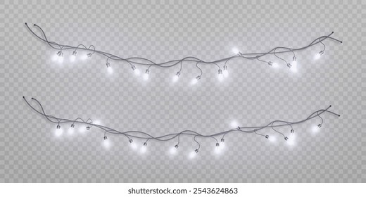 Festive garland of bright lights, bulbs on a wire, isolated on a transparent background. For New Year and Christmas decoration.