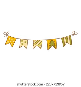 Garland festivo con cajas de seguridad. Banderas a rayas, puntos de polka. Dibujo gráfico aislado de vector colorido dibujado a mano. La decoración interior Temporada de invierno, víspera de año nuevo, contorno de elemento de diseño