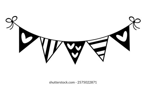 Festive garland clipart, Black and white Valentine doodle. Valentines day clipart. Cute Valentine object in flat style. Hand draw vector illustration