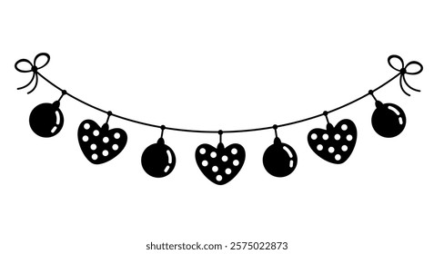 Festive garland clipart, Black and white Valentine doodle. Valentines day clipart. Cute Valentine object in flat style. Hand draw vector illustration