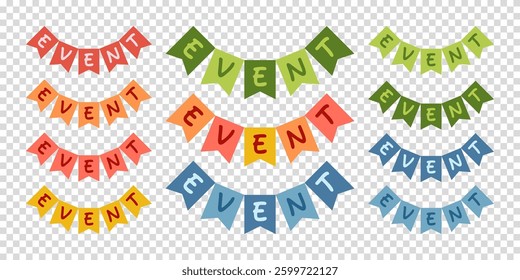 Festive garland. Colored flags on a transparent background. Element of event design, party decoration. Vector illustration.