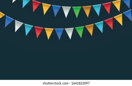 Festive garland of colorful flags on a blue background. Garland of triangular flags for birthday, holiday, party. Rainbow colors flat style, cartoon design. Vector illustration, EPS 10.