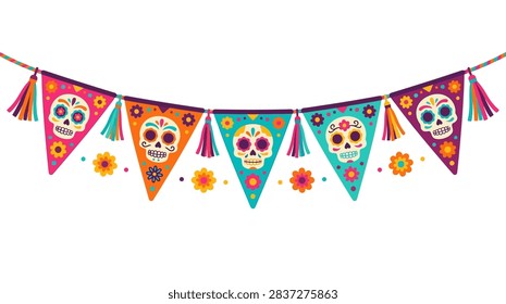 A festive garland featuring triangular flags decorated with sugar skulls and marigold flowers for Dia de los Muertos celebrations