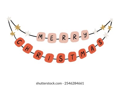 A festive garland featuring the words Merry Christmas in a cheerful, decorative style, perfect for enhancing seasonal celebrations and decor. The playful design brings joy and holiday spirit