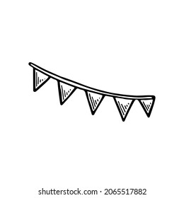 Festive garland with flags. Decoration element for holiday party. Hand drawn line vector illustration in doodle style.