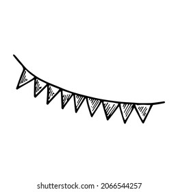 Festive garland with flags. Decoration element for holiday party. Hand drawn line vector illustration in doodle style.