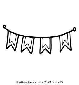 Festive garland flags. Hand drawn doodle. Fun party. Object for event celebration. Carnival decoration. Vector line art illustration.
