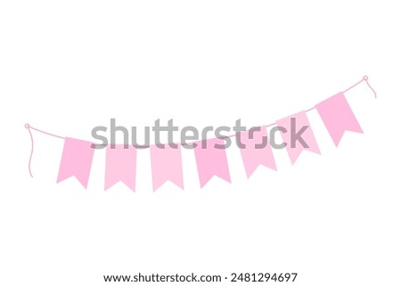 Festive garland of flags on a string in trendy monochrome soft pink. Greeting cards design concept