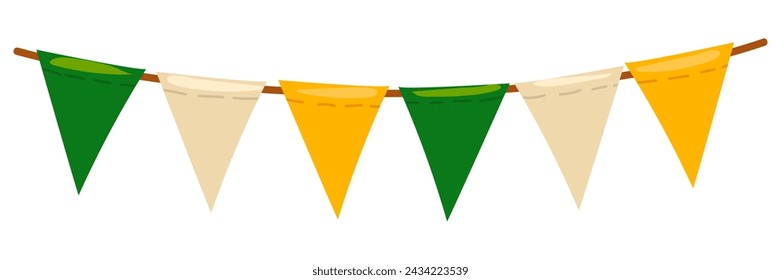 Festive garland in honor of St. Patrick's Day. Colorful festive headband. Isolated on a white background. Vector illustration in Irish colors. Repeating small flags triangles on the thread