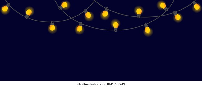 Festive garland. Horizontal banner with glowing light bulbs. Vector EPS 10.