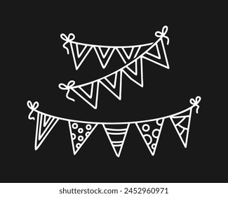 Festive garland icon. Hand drawn doodle. Triangular flags with stripes, polka dots ornament. Pennant hanging. Birthday, xmas flag vector stock illustration EPS 10