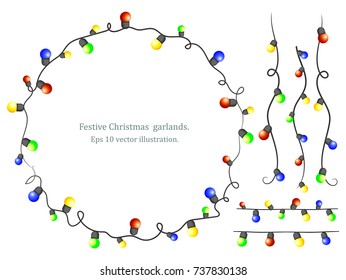 Festive garland with light bulbs, set on a white background. Eps 10 vector illustration.