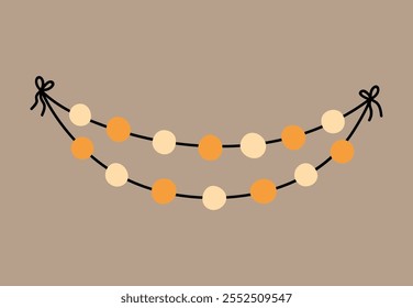Festive garland made up of two strings adorned with round decorative lights on a  beige background. Suitable for season and holiday decorations. Vector hand-drawn illustration in flat style.