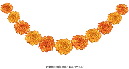 Festive Garland of marigold flowers. Vector illustration. Floral decorative garland.
