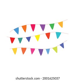 Festive garland of multicolored flags. Cute vector illustration drawn in doodle style. Festive decor, isolated on white background 