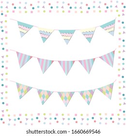 festive garland and multicolored flags on a string and frames on a white background, vector illustration