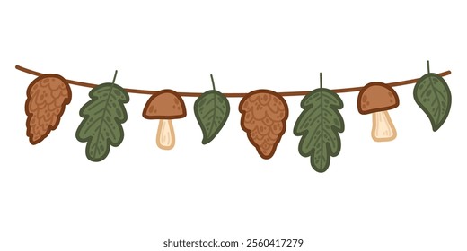 Festive garland with natural elements like leaves, mushrooms, and pinecones. Vector illustration in simple cartoon style perfect for storytelling visuals, rustic illustrations, or outdoor decor