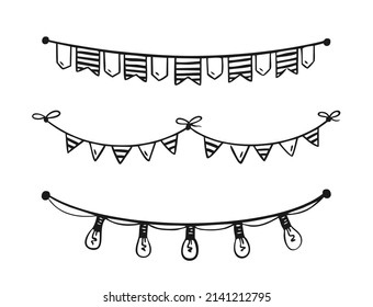 Garland festivo pintado al estilo doodle aislado en fondo blanco Ilustración vectorial para fiesta de cumpleaños carnaval festividad 