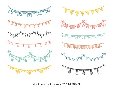 Festive garland painted in doodle style multicolored isolated on a white background Vector illustration for birthday festival carnival holiday 