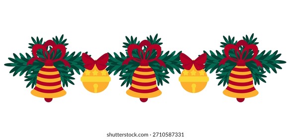 Festive garland with pine branches decorated with striped red and yellow bells, perfect for Christmas cards, banners, invitations, and seasonal design projects