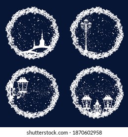 festive garland of pine tree branches with falling snow and winter city scenes - seasonal decor vector silhouette design set