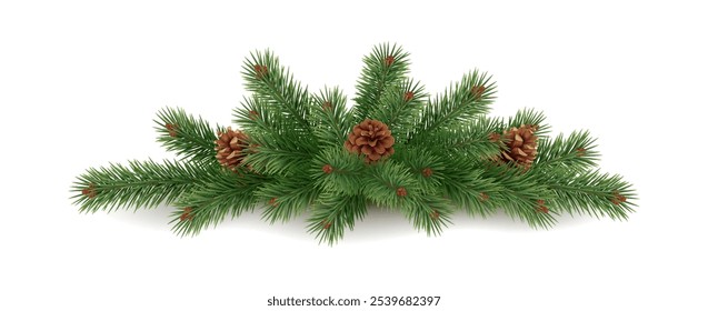 Festive garland with pinecones and spruce branches realistic vector icon. Craft ornament for winter holidays 3d object illustration on white