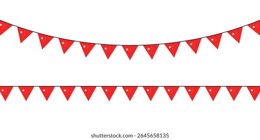 Festive garland with red triangular flags featuring white stars and dots, ideal for celebration, holiday, or patriotic decoration themes.