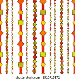 Festive garland seamless pattern. Endless illustration of colored stripes in vector. Christmas decorations from beads and ribbons for banners and wrappers. Cute background isolated on white.