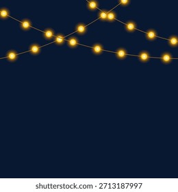 Luces de cuerda de guirnalda festiva que brillan con bombillas amarillas brillantes. Decoración navideña brillante. Perfecto para postes de Nuevo año, tarjetas de celebraciones de Navidad u otros diseños de vacaciones. Ilustración vectorial.