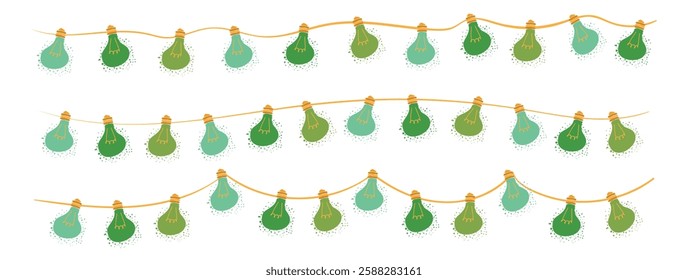 Festive garland in trendy retro cartoon style. Green bulbs as decoration for St. Patrick's Day. Irish holiday decoration. Garland in 70s style. Vector illustration.