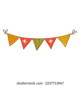 Festive garland with triangular checkboxes. Striped flags, polka dots. Colorful vector isolated illustration hand drawn doodle. Interior decoration. Holiday season, party design element contour