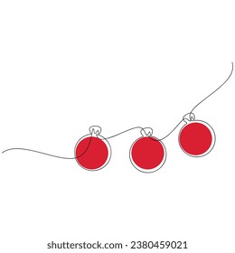 Festive garland vector. Christmas tree red ball bauble line continuous drawing. Hand drawn illustration, graphic design, print, banner, card, poster, sign, symbol, logo, ornament, holiday decor.