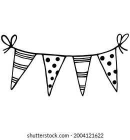 Festive garland vector icon. Isolated illustration on white. Cute cartoon flags for birthday, party, holiday. Hand-drawn doodle. Pennant outline. Banner striped and polka dots. Monochrome.