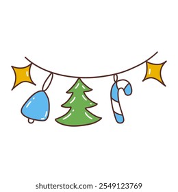 Festive garlandh wit little New Years toys. Christmas tree, lollipop, stars and bell. Colorful vector isolated illustration hand drawn doodle. Interior decoration. Winter holiday season, party