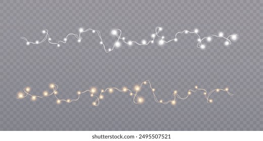 Festive garlands of Christmas bright lights bulbs. Bright bulbs on the wire glow with a warm glow. Vector for holiday design