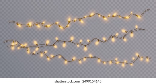 Festive garlands of Christmas lights. Bright bulbs on a wire with interlacing glow with a warm glow. Vector for web design and illustrations.