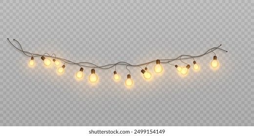 Festive garlands of Christmas lights. Bright bulbs on a wire with interlacing glow with a warm glow. Vector for web design and illustrations.