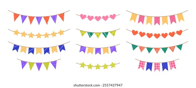 Festive garlands with different patterns. Colorful bunting and flags for holiday, anniversary, Birthday party. Carnival decoration set. Vector flat illustration isolated on white background